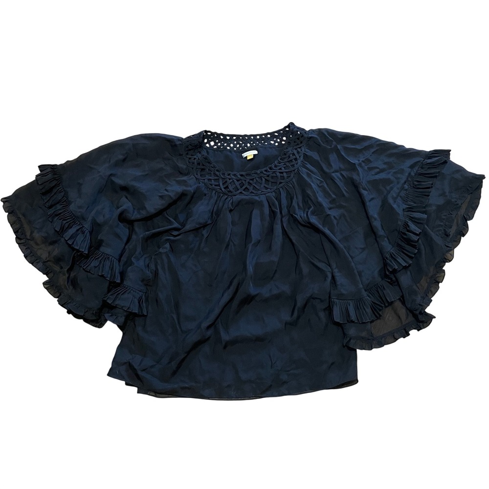 Leifsdottir Women's 2 Black Silk Ruffle Sleeve‎ Lattice Neck Whimsigoth Blouse